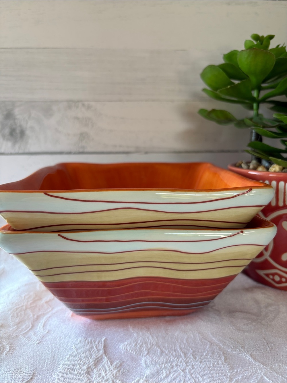 Pier 1 Hand-Painted Striped Ceramic Bowls in Warm Tones